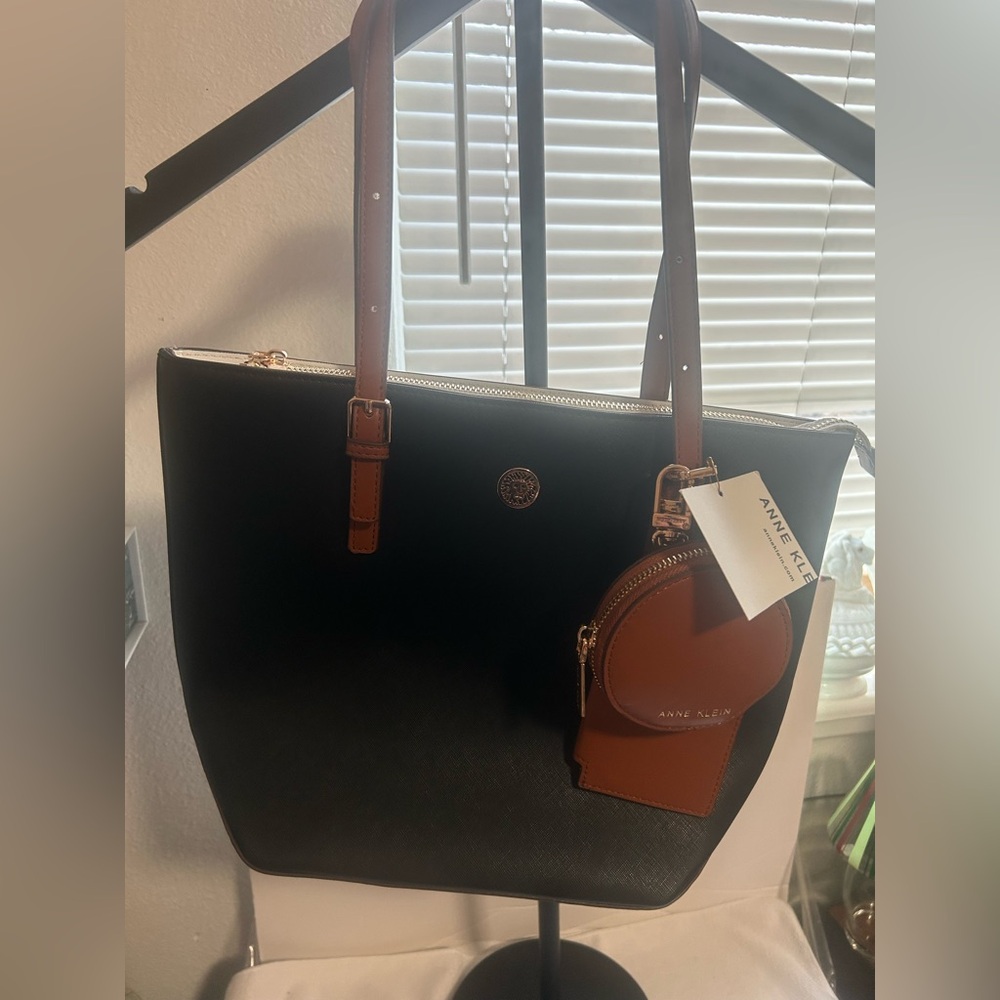 Anne Klein Black Tote with Brown Strap and Pouch